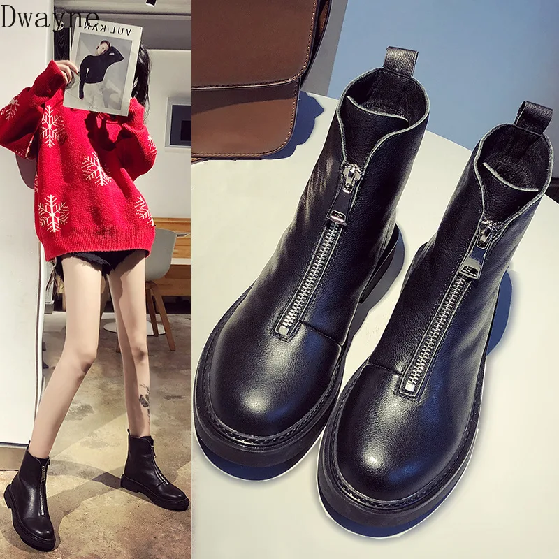 

Leather front zipper booties female 2018 autumn and winter new plus cotton short boots first layer leather boots.