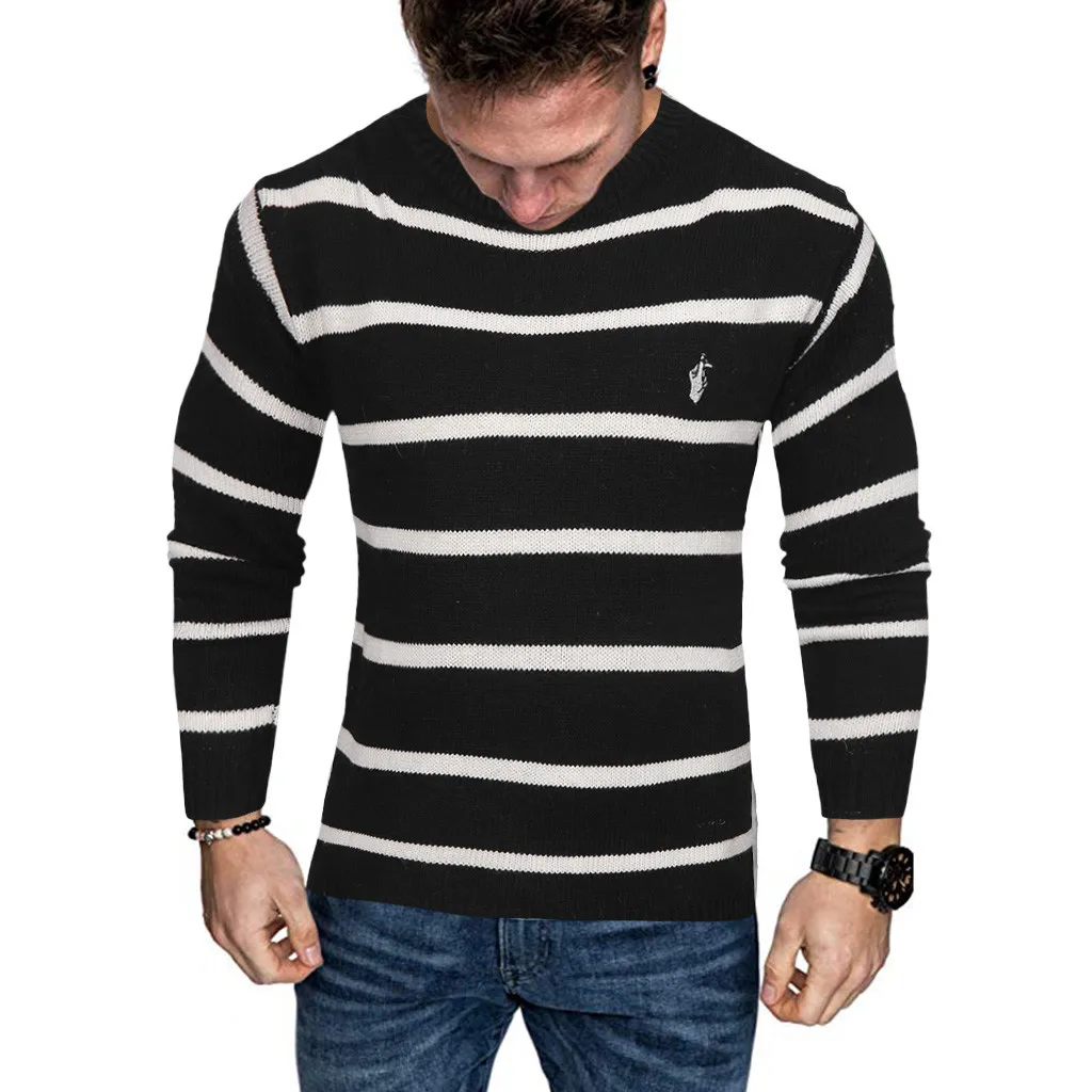 Черный Мужские модные свитера на осень и зиму, простой Повседневный свитер в полоску, топ, блузка Erkek Kazak - Цвет: Черный
