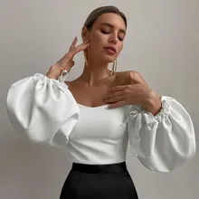 

2021 Autumn Fashion Women Shirt Sexy Elegant Off Shoulder Long Puff Sleeve Ladies Blouse Casual Solid Color White Slim Tops