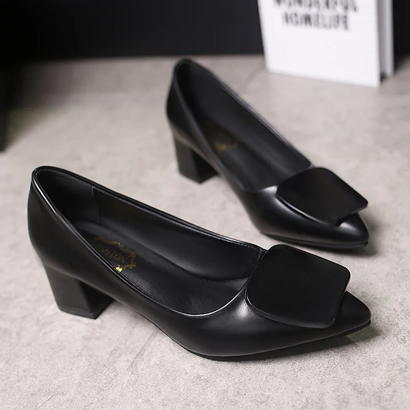 

2019 Four Seasons New Style WOMEN'S Thin Shoes Chunky Heel Pointed WOMEN'S Shoes Solid Color Foot Covering Korean-style Shallow