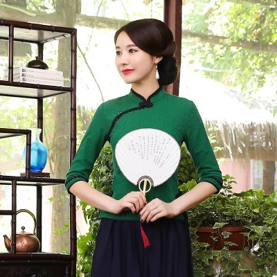green qipao shirt Женская кружевная блузка Cheongsam блузка красная кружевная рубашка Ципао восточные топы тонкая традиционная китайская одежда в стиле ретро - Цвет: green qipao shirt