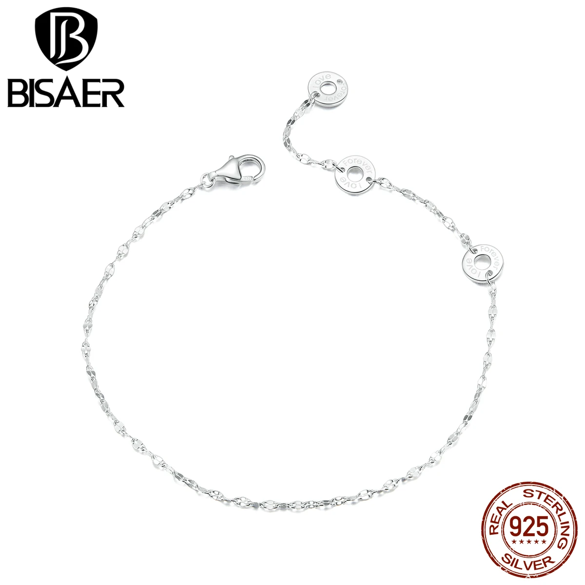 BISAER 925 Sterling Silver FOREVER LOVE Bracelets Simple Style Women Chain Fine Jewelry EFB049 | Украшения и аксессуары