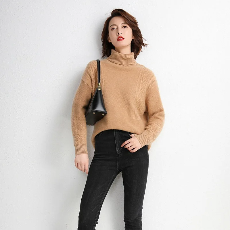 High Fold-down Collar Sweater Women's Loose-Fit Pullover Long-Sleeve Base Sweater Cable-Cool Mid-length Cashmere Sweater - Цвет: Yellow