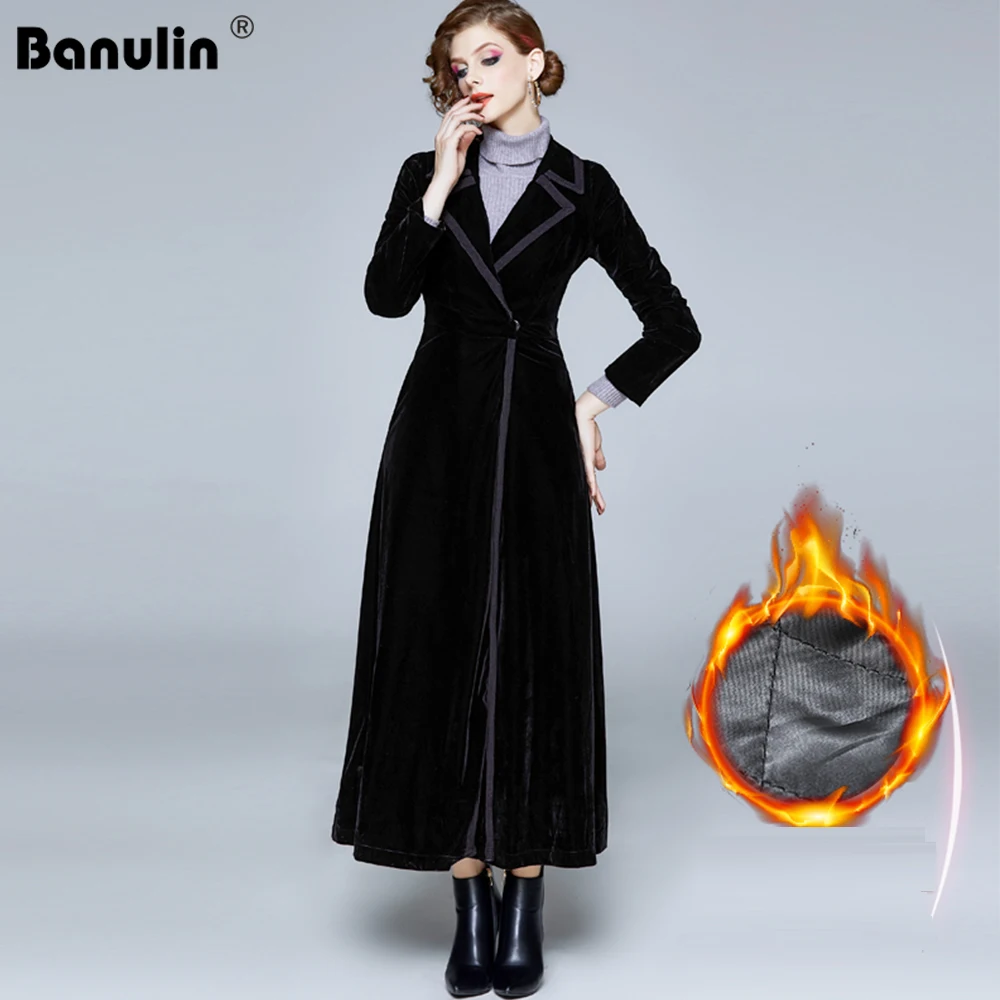 

2020 Winter Runway Designer Women Vintage Notched Collar Wrap Black Velvet Maxi Coat Thick Warm Long Trench Coat Outwear