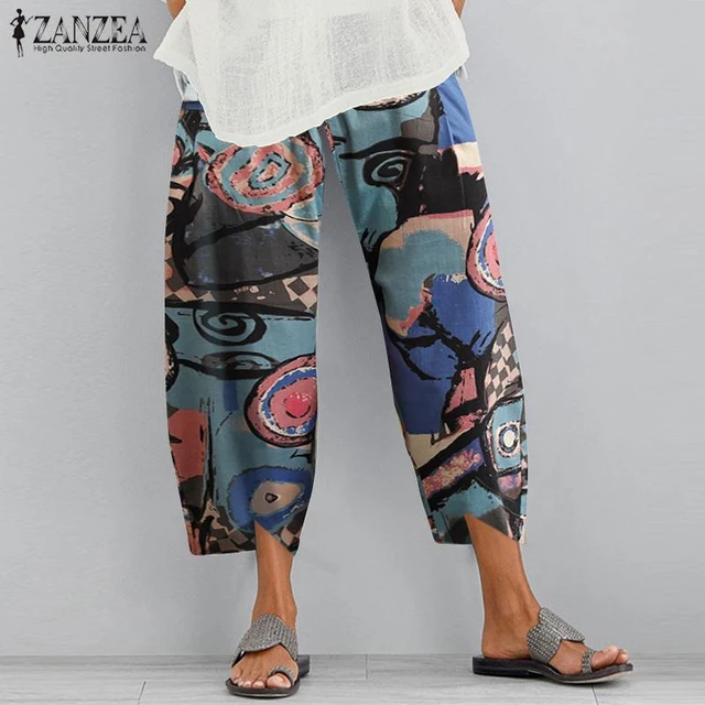 Summer Floral Printed Pants ZANZEA Vintage Bohemian Wide Leg Trousers Women  Casual Elastic Waist Cotton Harem Pantalon Turnip - AliExpress