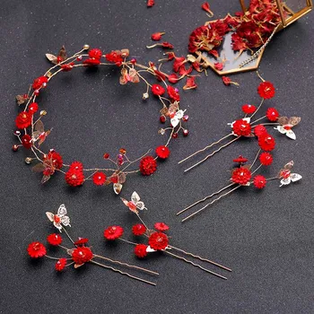 

FORSEVEN Chinese Traditional Red Headband Hairpins Hair Stick Tassel Earring Set Bridal Bride Wedding Hair Jewelry Accessories