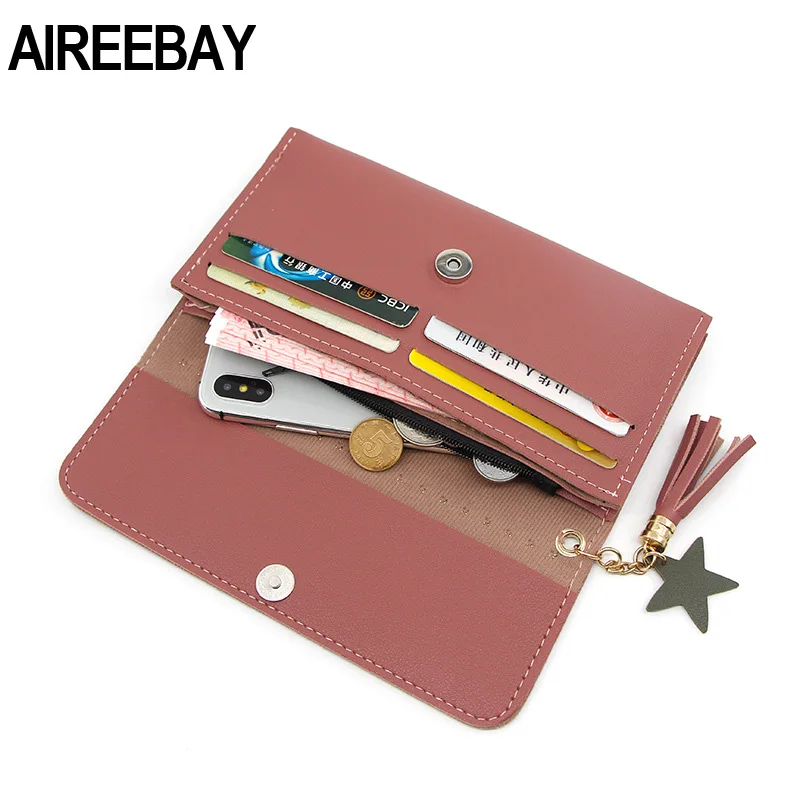 AIREEBAY/новые женские кожаные кошельки, женские длинные сумочки с кисточкой, женские держатели для телефона, женские клатчи с заклепками