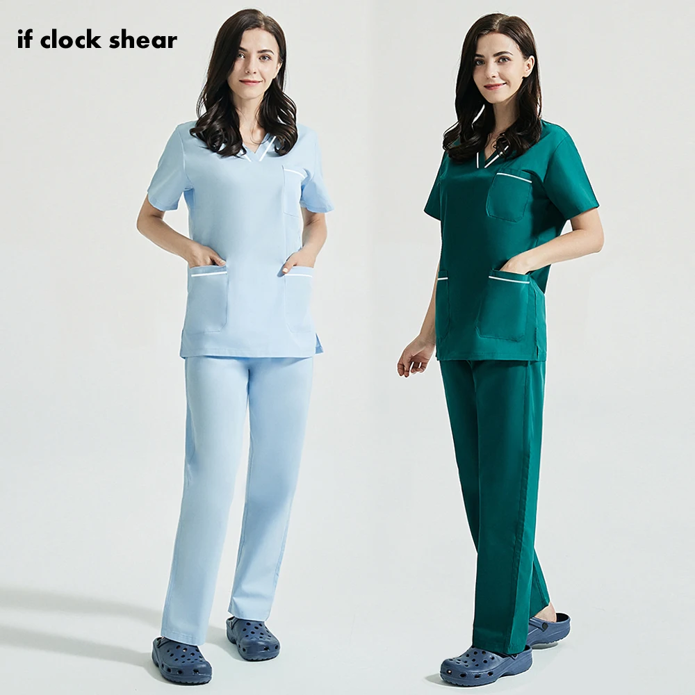 

Beauty and Health Workwear Scrubs Set Stripe Splicing Scrubs Tops Short Sleeves SPA Uniform Scrubs Shirt with Two Large Pockets