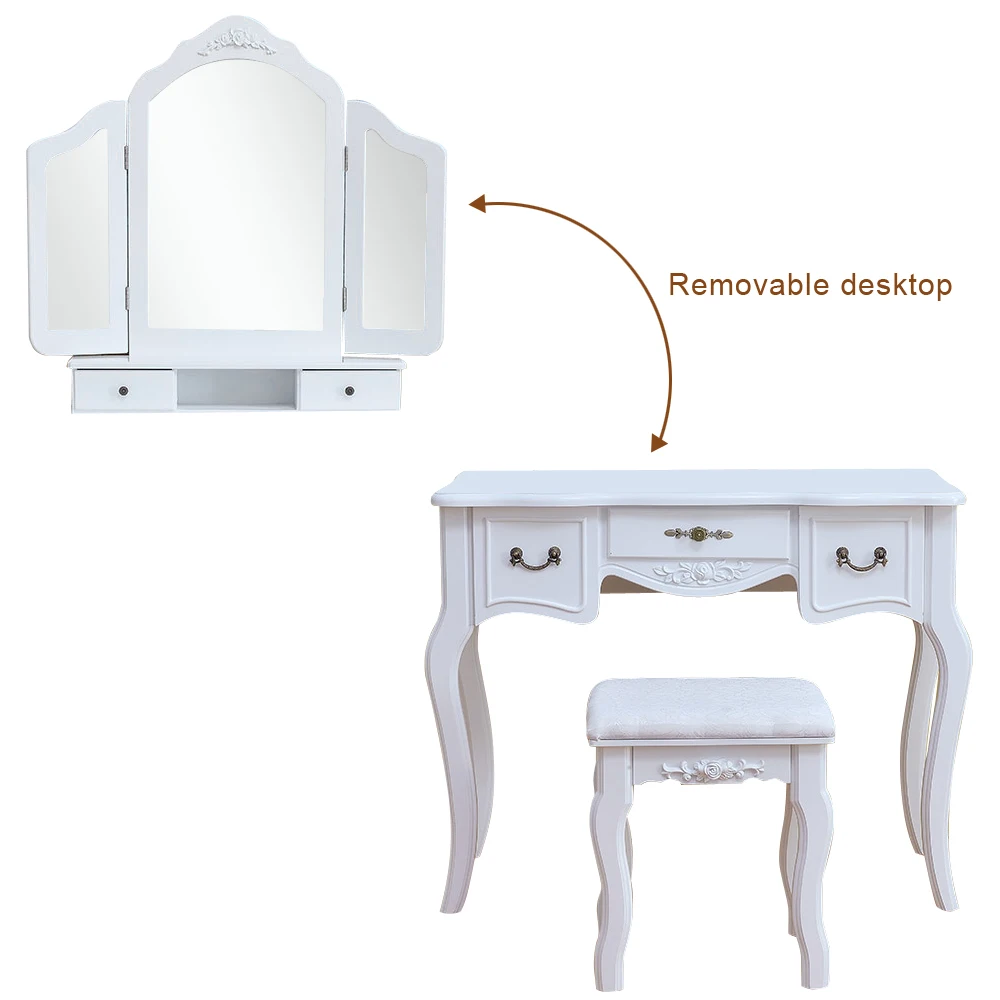 European Style Woman Makeup Dressers Bedroom Tri-fold Mirror Dresser With Dressing Stool White Chair Set MDF Dressing Table European Style Woman Makeup Dressers Bedroom Tri-fold Mirror Dresser With Dressing Stool White Chair Set MDF Dressing Table