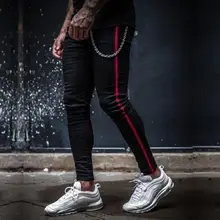 Мужские облегающие джинсы черные из денима с полосками по бокам, уличная одежда в стиле хип-хоп, однотонные, большие размеры, облегающие, легкие, хлопковые для мужчин