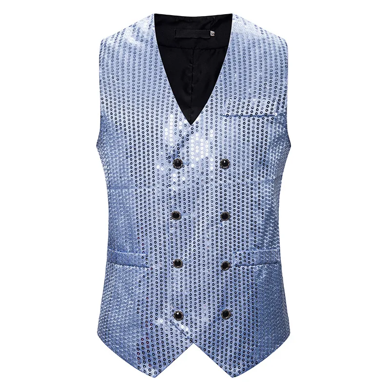 light blue Брендовый двубортный мужской жилет, Блестящий жилет без рукавов с золотыми блестками, мужской жилет для диджея, клуба, свадьбы, выпускного, жилеты, Chaleco Hombre - Цвет: light blue