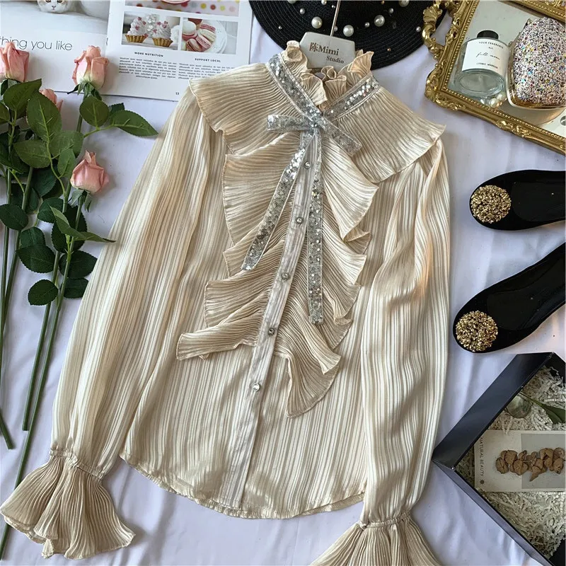 

Spring and Autumn New Women's Blusas Retro Elegant Royal Wind Lotus Leaf Side Sequin Bow Stand Collar Chiffon Shirt Blouse Mujer