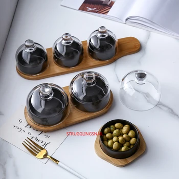 

New Ceramic Dessert Bowl Snack Dish Taste Fruit Salad Ice Cream Bowl Pudding Cup with Bamboo Tray Glass Cover Creative Tableware