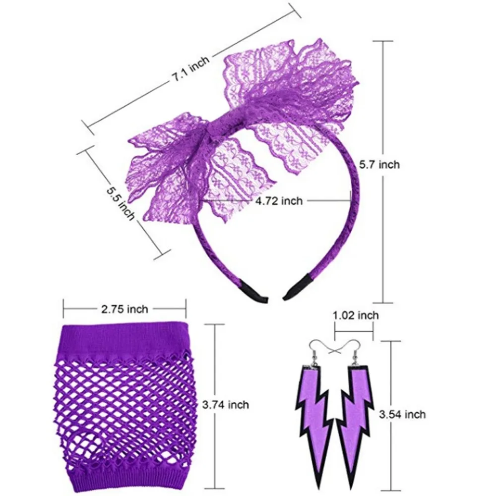 Women Fashion Lace Headband Neon Earrings Fingerless Fishnet Gloves For 80's Party guantes eldiven handschoenen  (3)