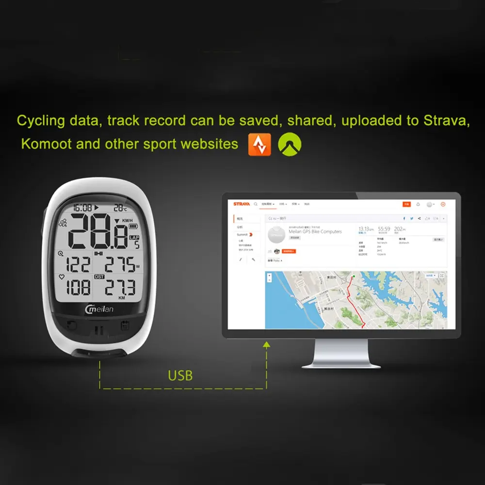 MEILAN M2 gps беспроводной Велосипедный компьютер, счетчик частоты сердечных сокращений, велосипедный навигационный компьютер, велосипедный компьютер