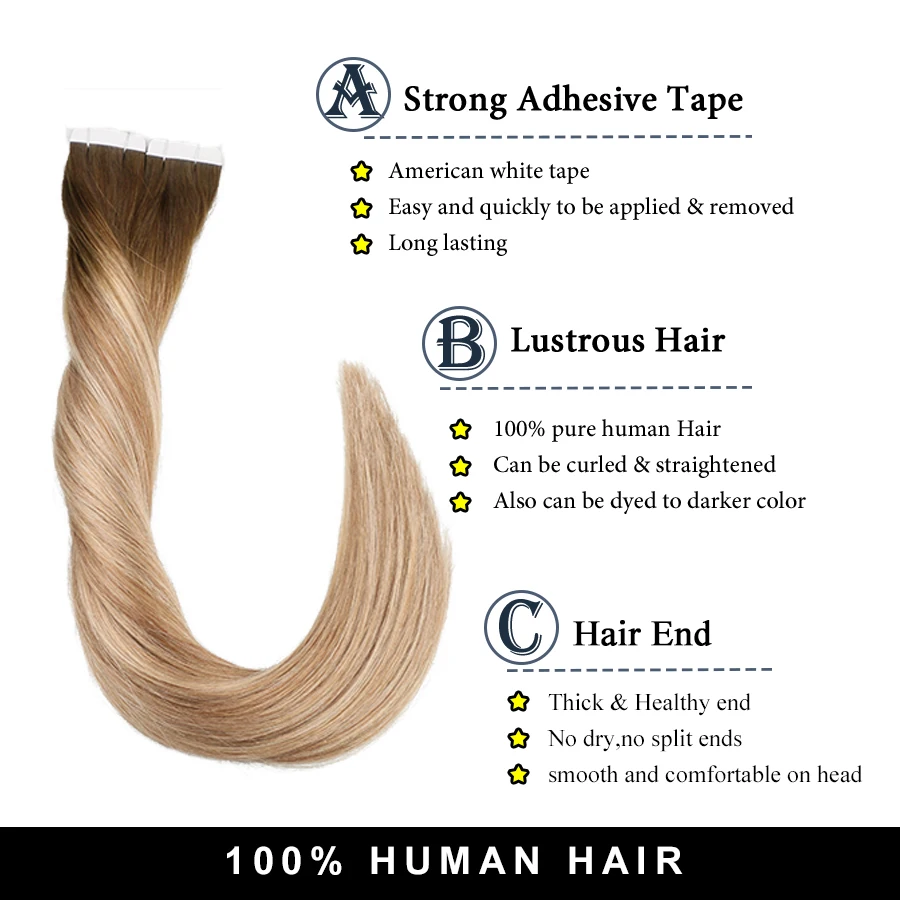 Toysww Remy Tape In Human Hair Extensions Double Drawn Adhesive Straight Hair Skin Weft 14- 24 Multi Colors (3)