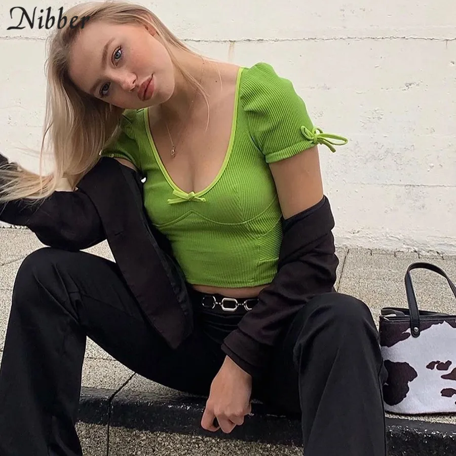

NIBBER Neon green soft Ribbed Knitted cute bodycon crop top women T-shirts 2019 autumn fashion casual puff sleeve bow tees mujer