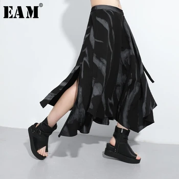 

[EAM] High Elastic Waist Black Striped Bandage Temperament Half-body Skirt Women Fashion Tide New Spring Autumn 2020 1T887