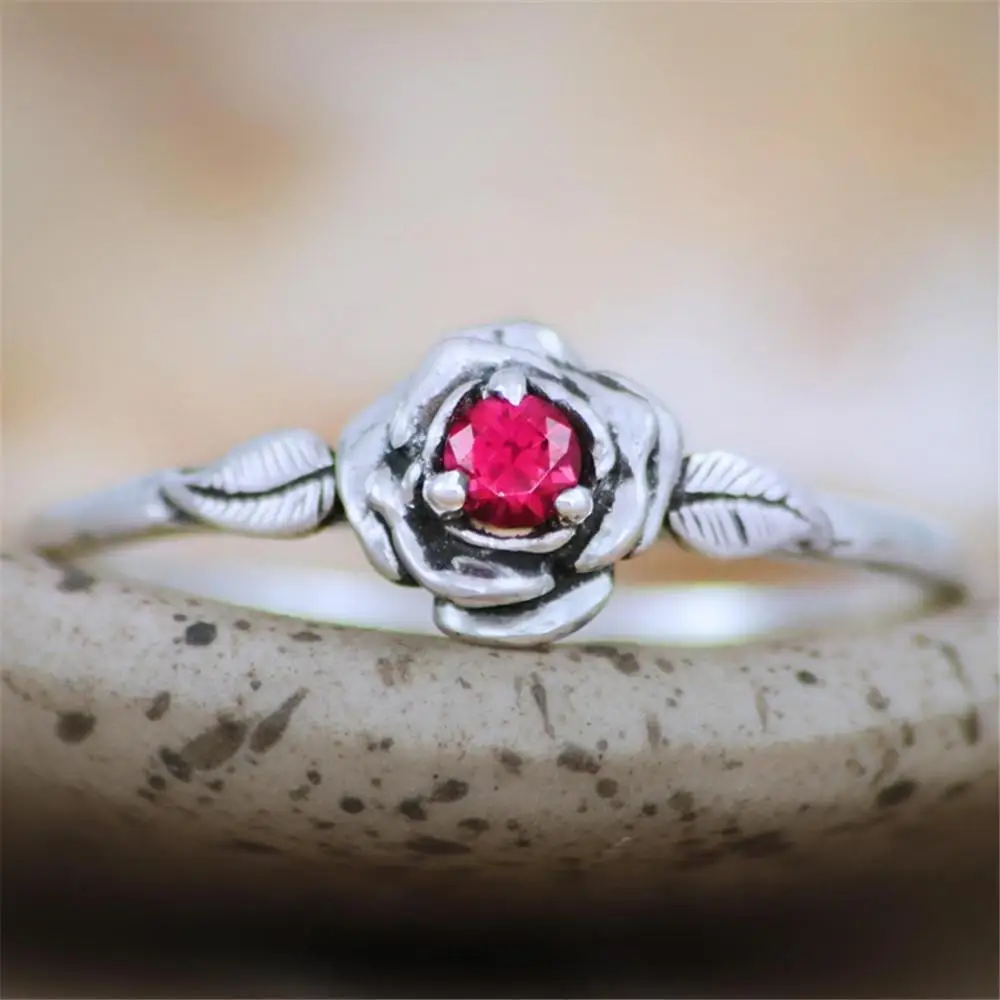 

Carofeez Vintage Rose Flower Ring Simple Antique Silver Color Zircon Women Rings Fashion Jewelry Anniversary Party Girl Gift