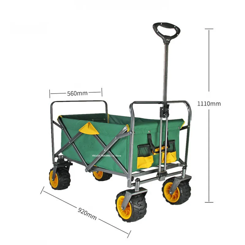 Outdoor Portable Camping Cart, Collapsible Folding Utility Wagon with 4 PU Wheels, Heavy Duty Picnic Shopping Carriage
