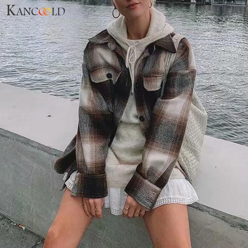 Женское клетчатое пальто KANCOOLD повседневное с длинными рукавами карманами
