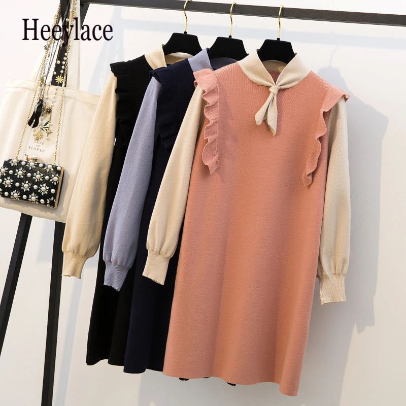 

Plus Size 2 Piece Set Women Ruffles Knitted Loose Top 2019 Autumn Women Dot Patchwork Knit Sweater Dress Casual Vestidos L-4XL