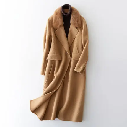 Модная Высококачественная новая шерстяная куртка Elegnat, зимние женские пальто, теплое длинное шерстяное пальто из альпаки, норковый меховой воротник, одежда - Цвет: Camel