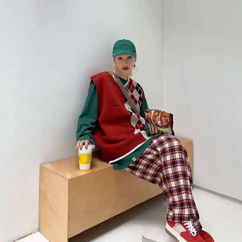 Японский Harajuku вязаный лоскутный жилет с Аргайлом для мужчин и женщин унисекс Повседневный вязаный пуловер с v-образным вырезом свитер жилет размера плюс