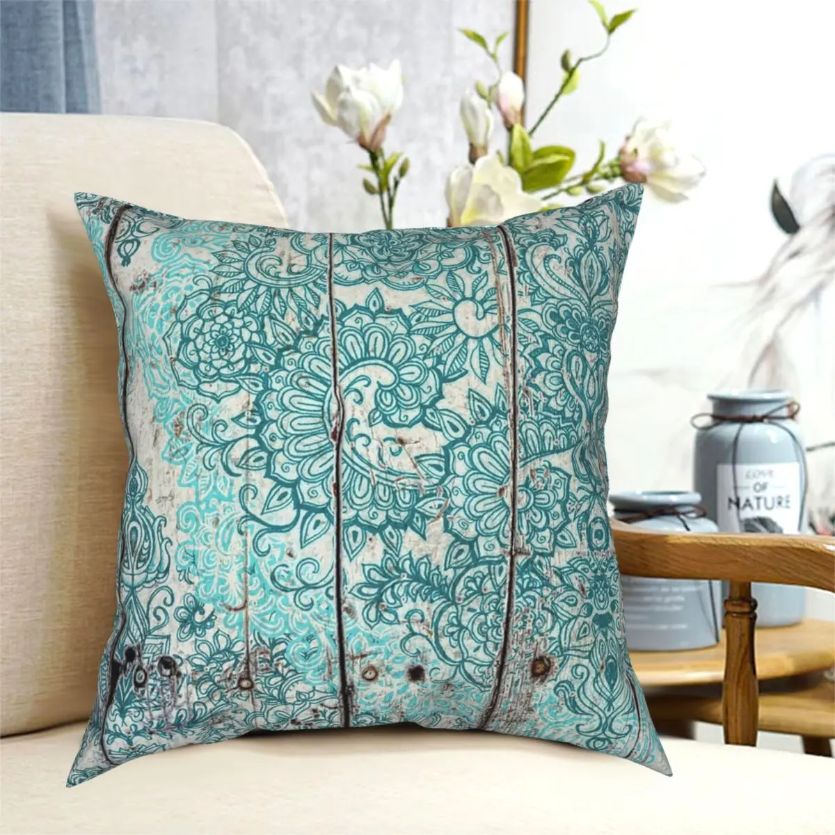 Teal Aqua Botanical Doodle On Weathered Wood Pillowcase Polyester Printed Decorative Bed Cushion Cover 18&quot | Дом и сад