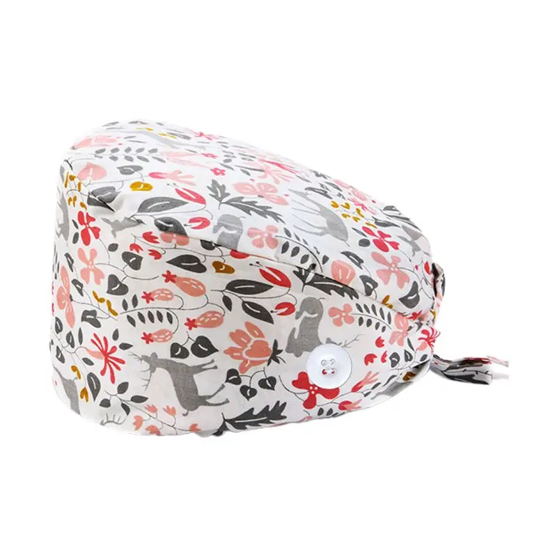 37 Colors Unisex Adjustable Working Scrub Cap with Protect Ears Button Electrocardiogram Embroidery Floral Print 