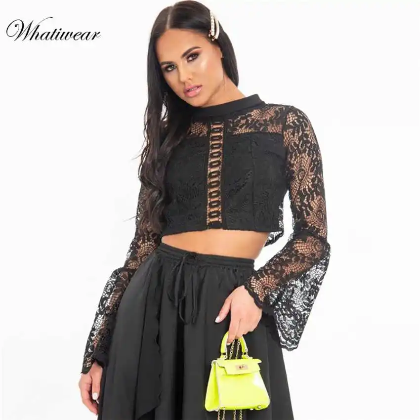Whatiwear Осенняя Женская кружевная уличная одежда кроп-топ сексуальная Перспектива с расклешенными рукавами тонкие женские топы с бюстгальтером без косточек жилет камзол женские топики - Цвет: Black