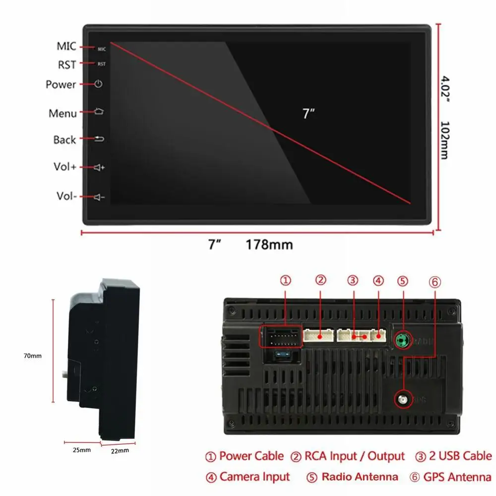 

Bluetooth Double Din In-Dash MP5/4/3 Player with GPS 7" Touch Screen Android 10.0 FM Radio Receiver Car Electronics Accessories