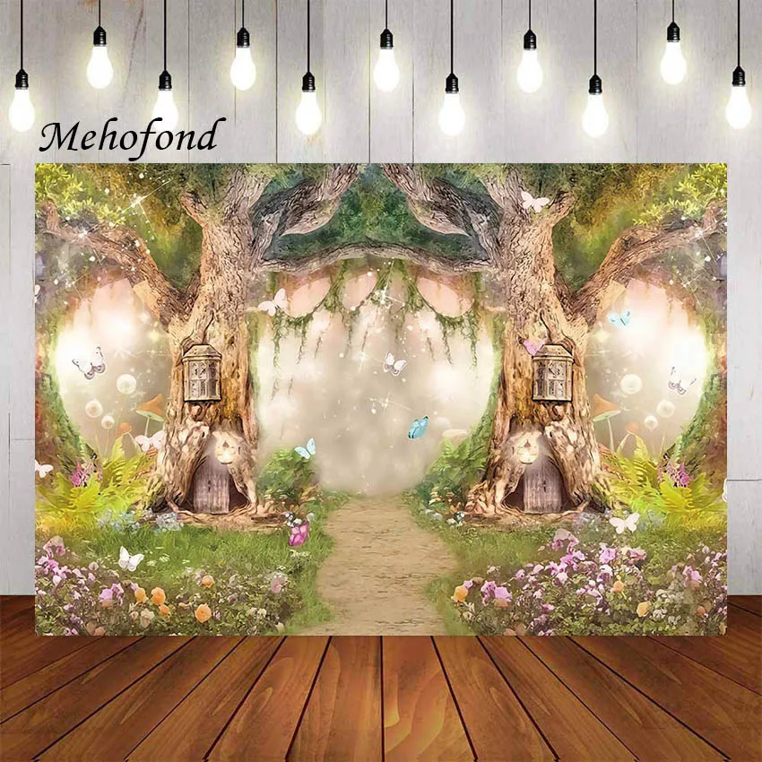 Photo Backdrop Mehofond Photography Spring Fairy Forest Glitter Butterfly for Kids Birthday Party