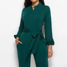 Английский Элегантный Модный комбинезон с длинными рукавами и широкими штанинами, сексуальный комбинезон с v-образным вырезом и карманом, вечерние женские бандажные платья macacao зеленого и черного цвета