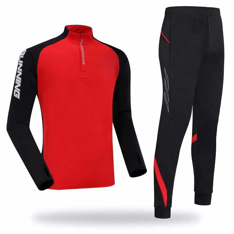 Мужская толстовка для бега+ спортивные штаны Йога, тренировки, фитнес-компресс наборы быстросохнущие тренировки тренировочные спортивные рубашки+ брюки 1902 - Цвет: Красный