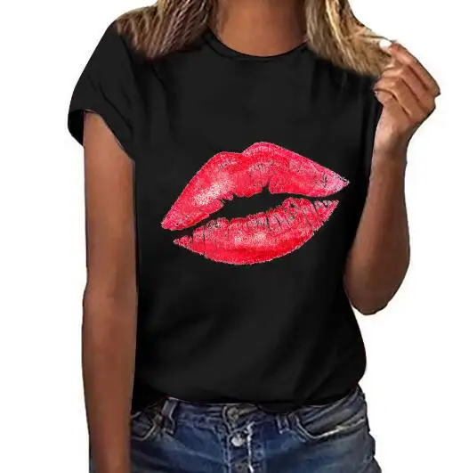 Red Lips Printed Women T-shirts Graphic Short Sleeve Casual Basic T Shirt Harajuku Fashion Tshirt Summer 2022 Black Top F 5