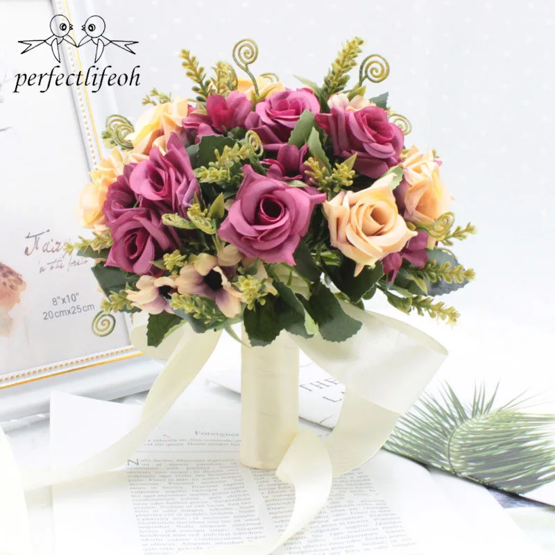 URROMA Set Di 2 Bouquet Da Polso Con Fiori Artificiali Color Champagne – Rose Con Foglie, Per Matrimoni, Ballo, Damigelle, Madri
