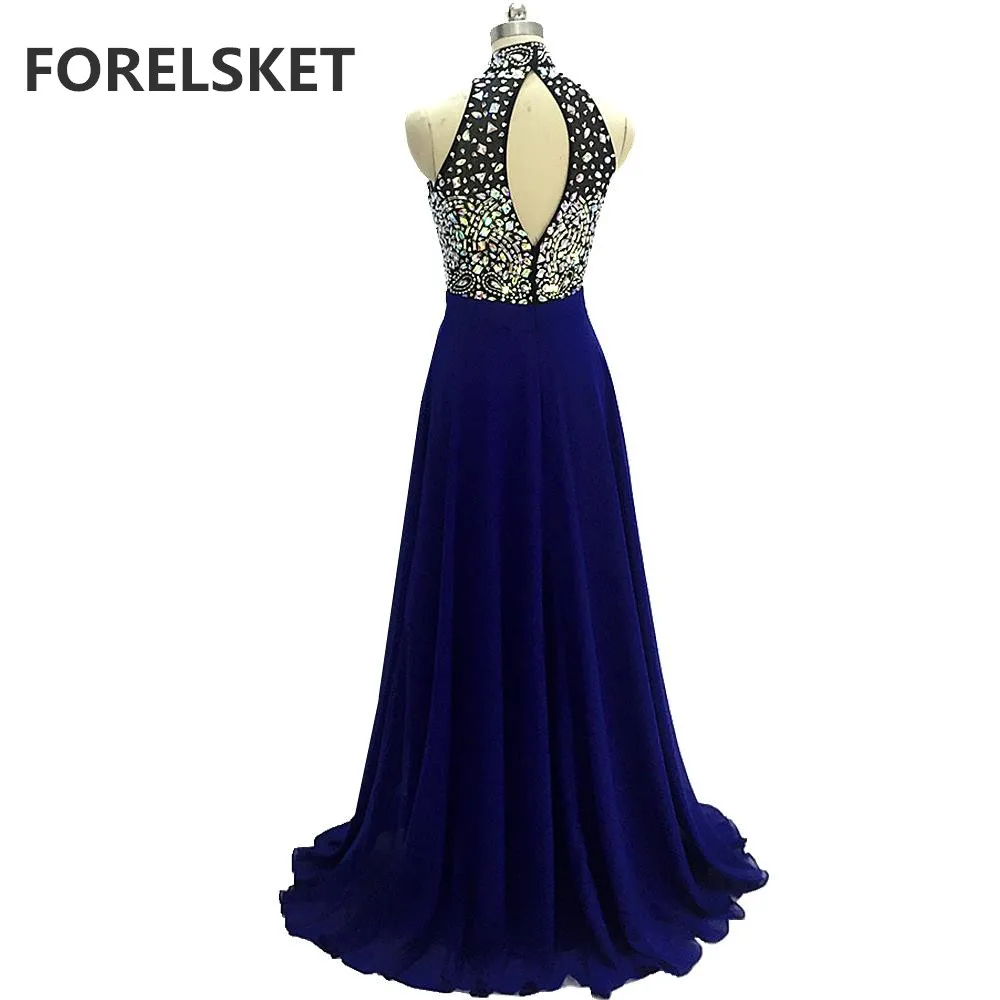 

Beading Crystal Long Chiffon Prom Dresses Navy 2020 Royal Blue Open Back Sequined Formal Evening Party Gown Vestido De Festa