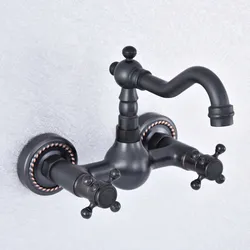 Kitchen Wet Bar Bathroom Vessel Sink Faucet Black Oil Rubbed Brass Wall Mounted Swivel Spout Mixer Tap Dual Cross Handles msf724