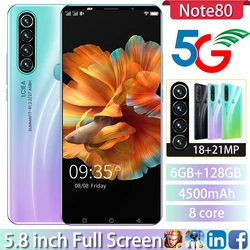 Note80 5.8 Inch Cell Phone Global Version Full Screen 4500mAh 6+128GB 18+21MP Face ID Unlock 4G 5G Android 10 Hot  Smartphone