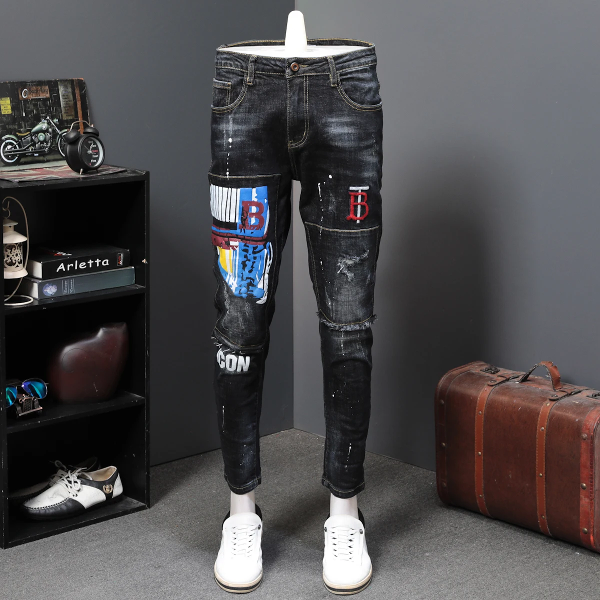 Black Spring Men Long Trousers Fashion Print Jeans Male Colored Drawing Painted Slim Denim Pants Designer Jeans Printing Jeans Black Spring Men Long Trousers Fashion Print Jeans Male Colored Drawing Painted Slim Denim Pants Designer Jeans Printing Jeans