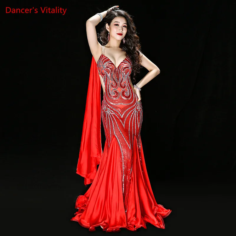 Красный Новое роскошное платье ручной работы с вышивкой для танца живота, цельное женское платье, балади, костюм для танца, длинный рукав, юбка макси - Цвет: Красный