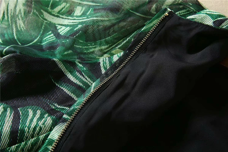 Truevoker Summer Runway Designer Ladies Dresses Women's Vintage Green Leaves Printed Midi Vestidos Casual Robe Femme Ete