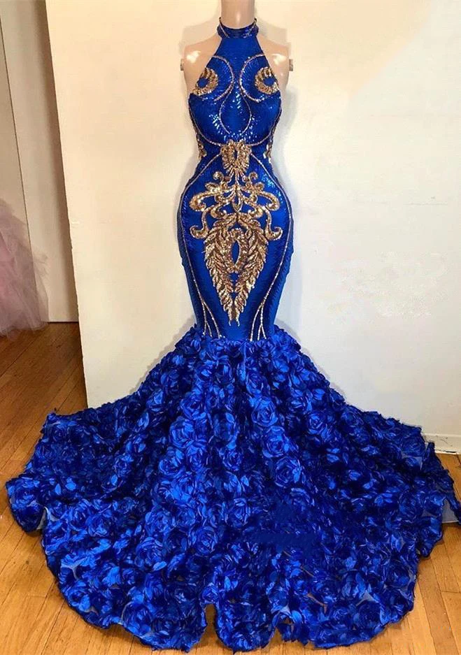 Royal Blue Vestido formatura Королевский синий топ "Русалка" Африка Выпускные платья золото Аппликация без рукавов роза цветок Поезд формальный вечер - Color: Royal Blue