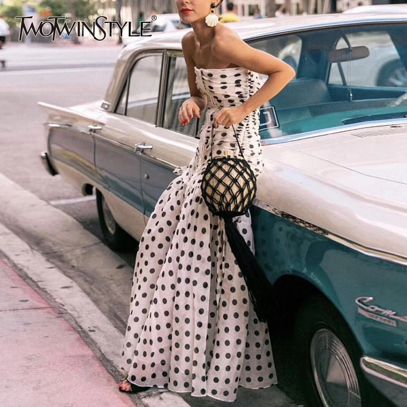  TWOTWINSTYLE Sexy Black Dot Long Dress Women Sleeveless High Waist Ruched Off Back Elegant Female C