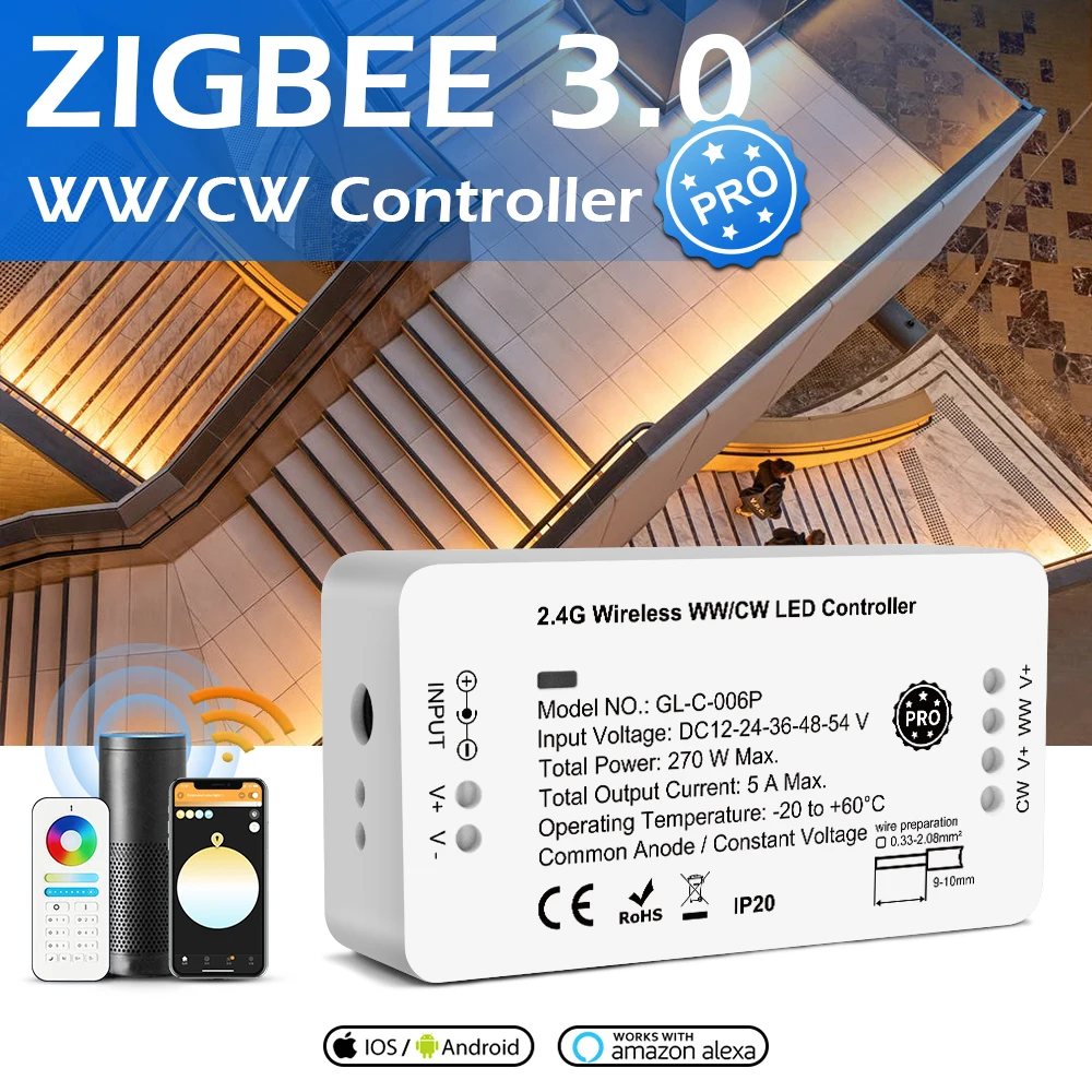 Zigbee 3.0 Smart Pro WWCW Controller Warm White Cold White Light Work with RF Remote, for LED Strip