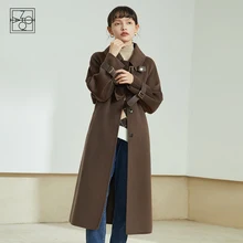 

ZIQIAO Women Temperament Brown Retro Double-sided Wool Velvet Coats Patchwork Design Single-breasted Cashmere Jackets Mid-length
