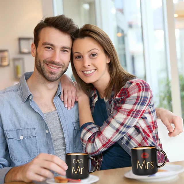 Mr and Mrs Coffee Mugs Cups Gift-Set for Engagement Wedding Bridal Shower Bride and Groom To Be Newlyweds Couples Black Ceramic 6