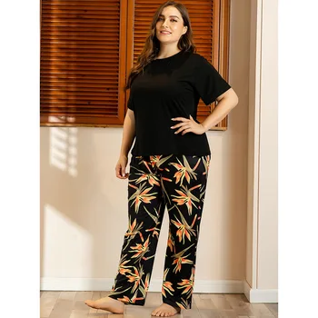 

New Plus Size Printed Short Sleeve Top and Pants PJ Set Summer O-neck Casual Women Pyjamas Sleepwear Nightwear Pajama Sets