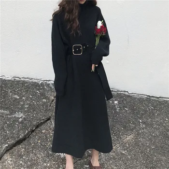 

2020 Autumn & Winter New Arrival Pullover Thin High Waist Dress Knit Mid Length Over-knee Thick Sweater Dress Free Shipping
